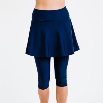 Women's Chlorine Resistant High Waisted Flared Swim Skort With Attached Capri Leggings image