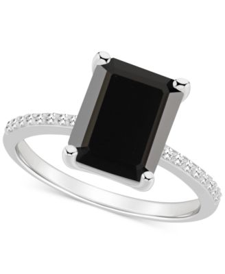 Macy's - Onyx & Diamond (1/10 ct. t.w.) Emerald-Cut Statement Ring in Sterling Silver
