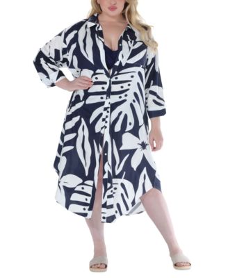 Raviya - Plus Size Printed Button-Down Midi Cover-Up Dress