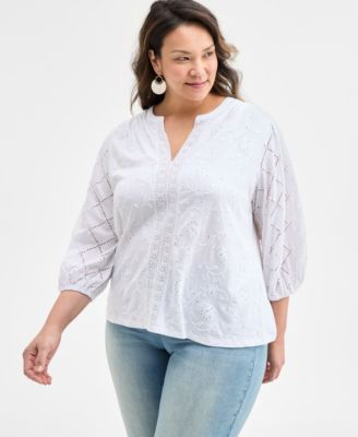 Style & Co - Plus Size Solid Split-Neck Eyelet Top