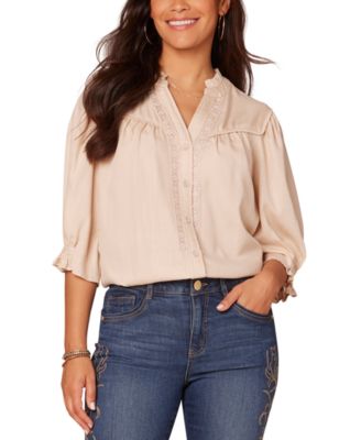 Democracy - Women's Crochet Trim Button-Front Ruffle Shirt