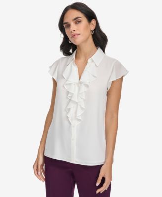 Calvin Klein - Women's Collared Ruffled Short-Sleeve Blouse