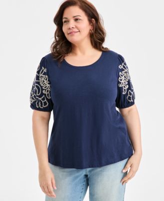 Style & Co - Plus Size Cotton Embroidered-Sleeve Top