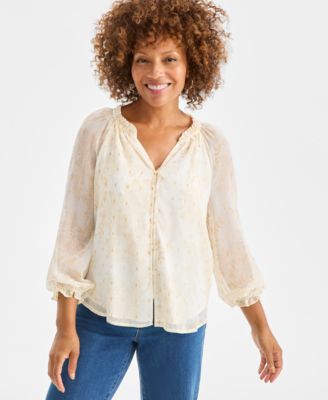 Style & Co - Petite Floral Shine Ruffled Button-Front Blouse