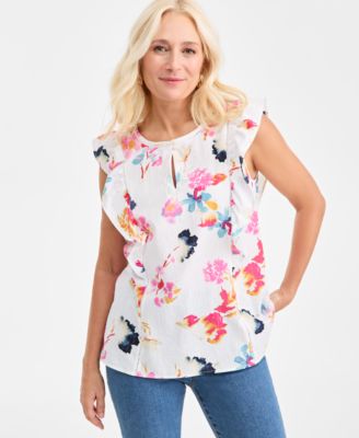 Style & Co - Petite Short Flutter-Sleeve Printed Top