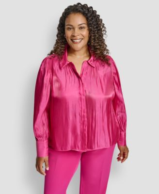 DKNY - Plus Size Balloon Sleeve Collared Neck Top