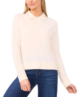 CeCe - Women's Collared Neck Embellished Polo Sweater
