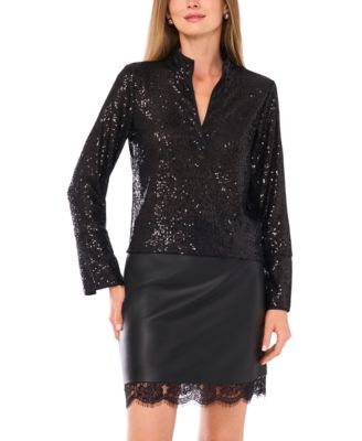 Vince Camuto - Women's Sequined Split-Neck Tunic Blouse
