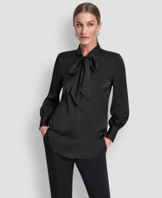 DKNY - Women's Tie-Neck Front Button Long Sleeve Blouse