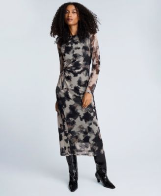 Kenneth Cole - Women's Printed Mesh Long-Sleeve Knot Dress