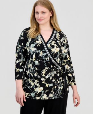 Anne Klein - Plus Size Floral Border Stripe Wrap Top