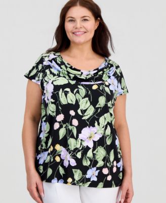 Kasper - Plus Size Printed Cap-Sleeve Cowl-Neck Top