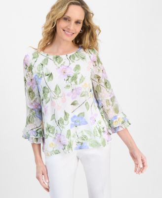 Kasper - Women's Floral Print Flounce Sleeve Top