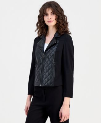Anne Klein Essentials - Petite Quilted-Front Moto Jacket