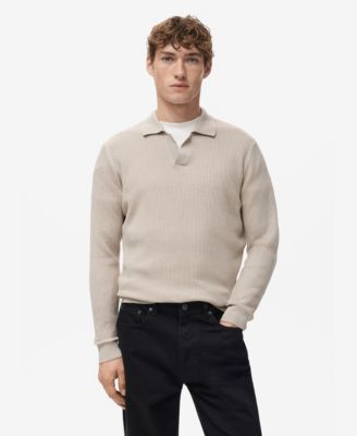 MANGO - Men's Cotton-Blend Ribbed Polo Sweater