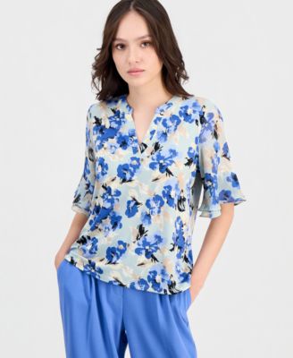 Petite Ruffle-Cuff Split-Neck Top image