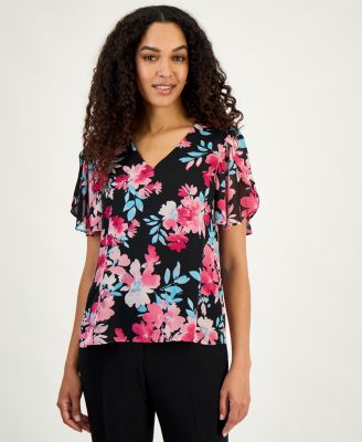 Kasper - Women's Printed Flutter Sleeve Blouse