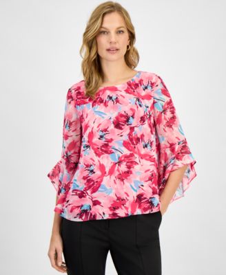 Kasper - Women's Printed Ruffle-Sleeve Blouse