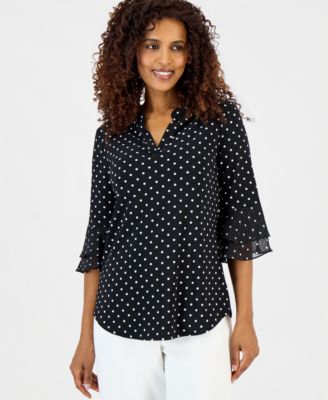 Kasper - Women's Split-Neck Polka-Dot Flutter-Sleeve Top