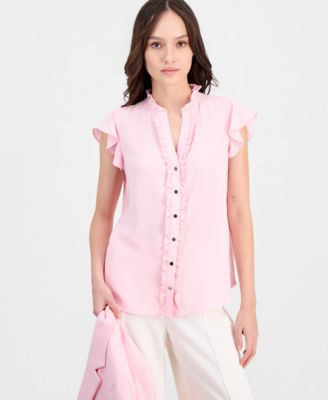 Anne Klein Essentials - Petite Flutter-Sleeve Ruffle-Placket Top