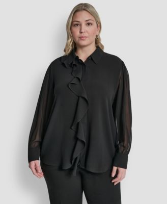 DKNY - Plus Size Collared Ruffle Detail Long-Sleeve Blouse