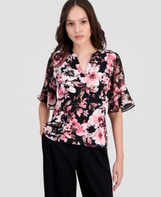 Anne Klein Essentials - Petite Ruffle-Cuff Split-Neck Top