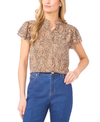 CeCe - Women's Collared Neck Double Flutter-Sleeve Top