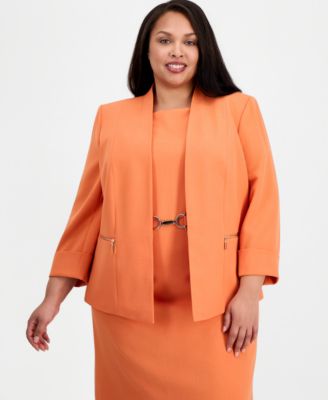 Kasper - Plus Size Collarless Open-Front Zip-Pocket Jacket