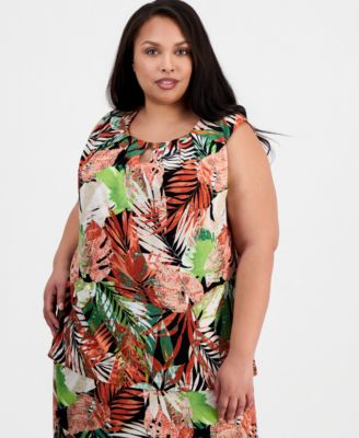 Kasper - Plus Size Printed Pleat-Neck Sleeveless Top