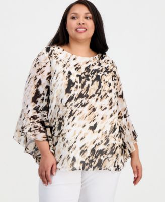 Kasper - Plus Size Printed Boat-Neck Ruffle-Sleeve Blouse