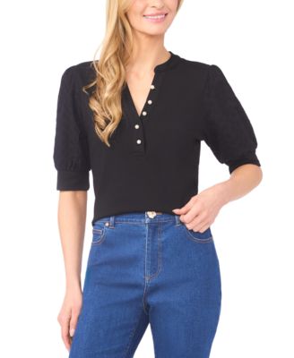 CeCe - Women's Half-Placket Detail Puff Sleeves Top