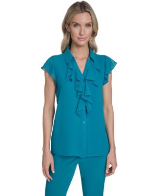 Calvin Klein - Women's Cap-Sleeve Ruffle Front Top