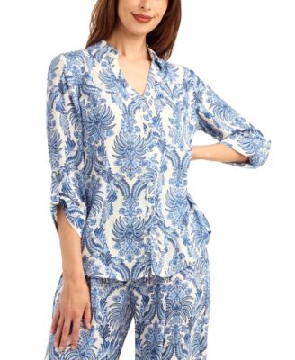 BCX - Women's Printed Button-Up Tie Hem Top