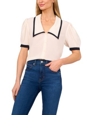 CeCe - Women's Collared Puff-Sleeve Polyester Blouse