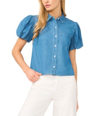 CeCe - Women's Collared Puff-Sleeve Button-Up Cotton Top