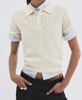 MANGO - Women's Openwork Knitted Polo-Neck Sweater