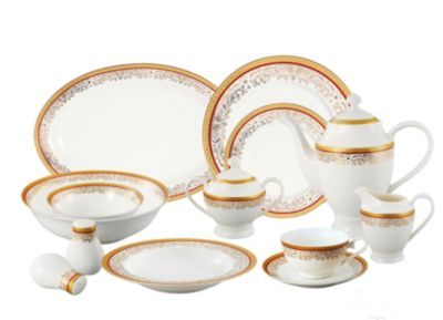 Lorren Home Trends - La Luna Collection Bone China 57 Piece Red and 24K Gold Design Dinnerware Set, Service for 8