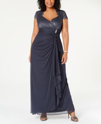 B&A By Betsy and Adam - Plus Size Sequined-Lace Ruched Gown