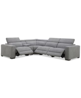 Nevio 5-Pc. Fabric Power Headrest L-Shape Sectional and Console with 3 Power Motion Chairs image