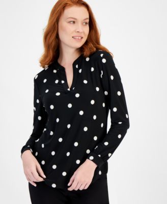 Anne Klein - Women's Split-Neck Pearl-Dot Top