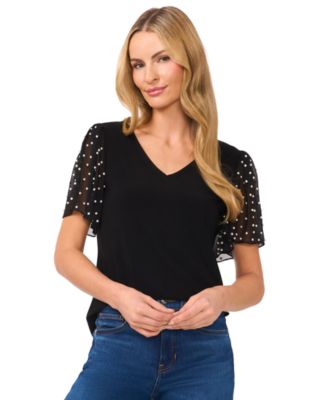 CeCe - Women's Faux-Pearl-Embellished Flutter-Sleeve Top
