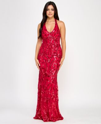 B Darlin - Juniors' Sequined Halter-Neck Evening Gown