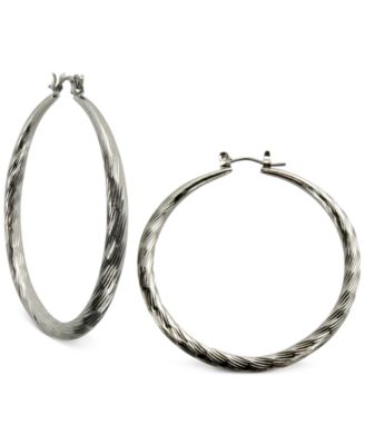 GUESS - Silver-Tone Textured Hoop Earrings