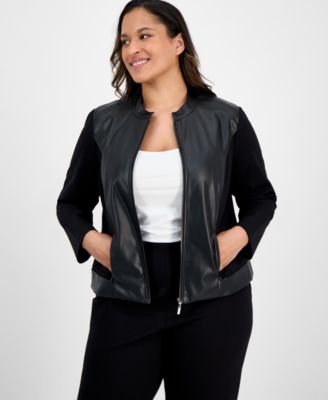 Anne Klein Essentials - Plus Size Mixed-Media Zip-Front Jacket