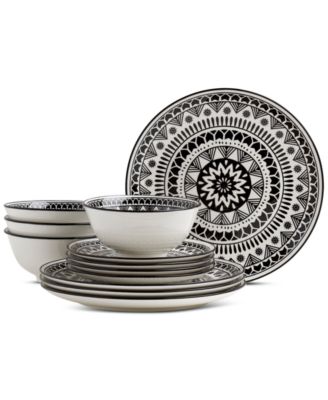 Haven - Black Pad Print 12-Pc. Dinnerware Set, Service for 4