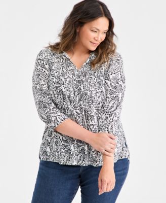Style & Co - Plus Size Pintuck-Front Split-Neck Knit Top