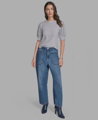 Women's Knee Seam Patch Pocket Barrell-Leg Jeans image