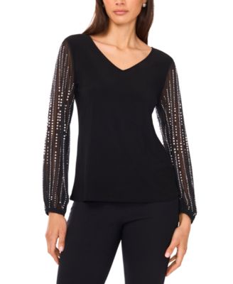MSK - Women's V-Neck Beaded Long Sleeve Top