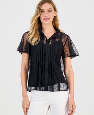 Anne Klein - Women's Flutter-Sleeve Button-Front Lace Blouse