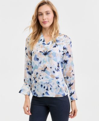 Anne Klein - Women's Printed V-Neck Split-Cuff Blouse